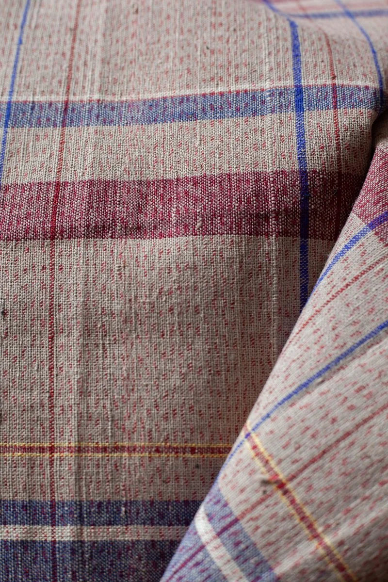 Antique Japanese Handmade Cotton 'Awa Shijira ori' -Burgundy