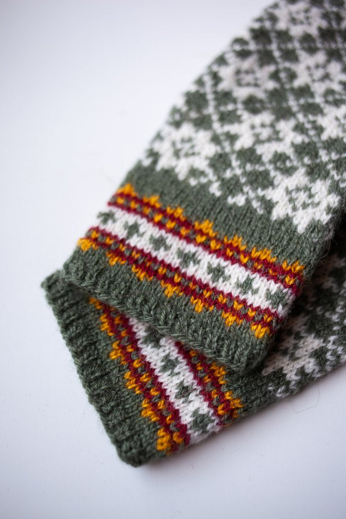 Hand-knitted Woolen Mittens - cream/green