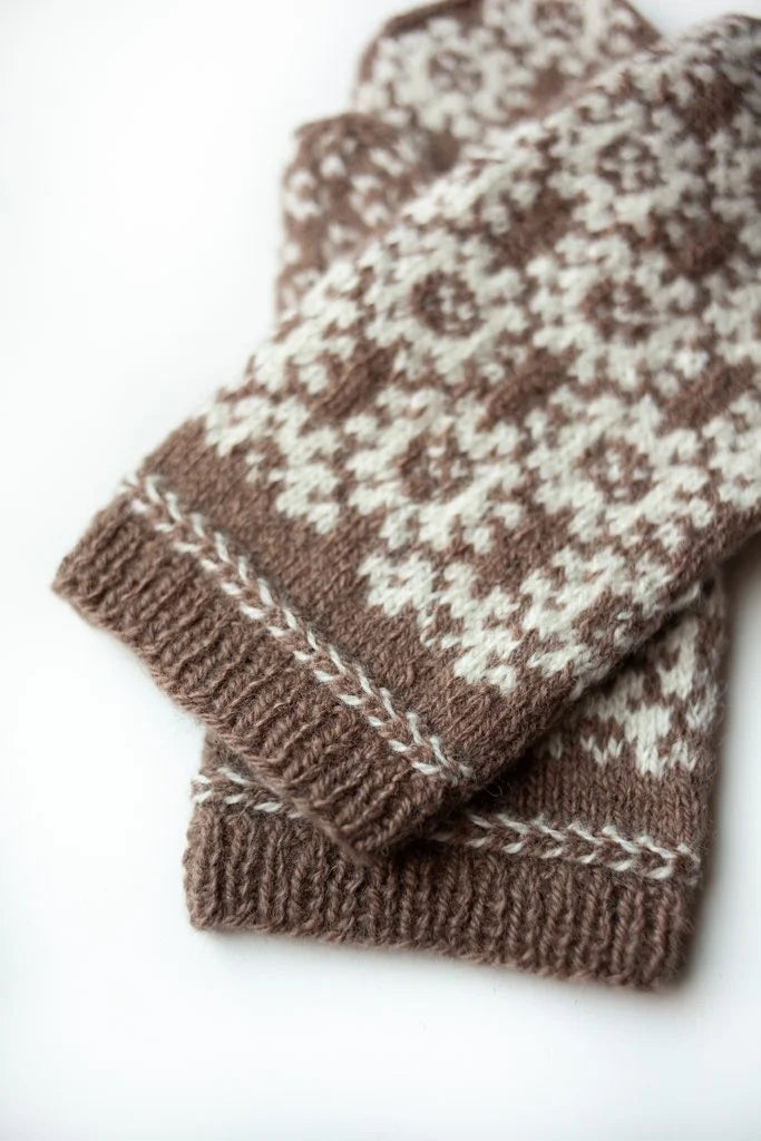 Hand-knitted Woolen Mittens - brown/cream