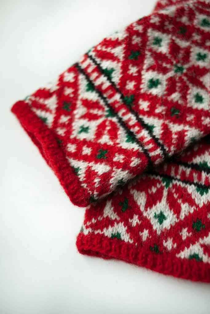 Hand-knitted Woolen Mittens - red/ white/ green