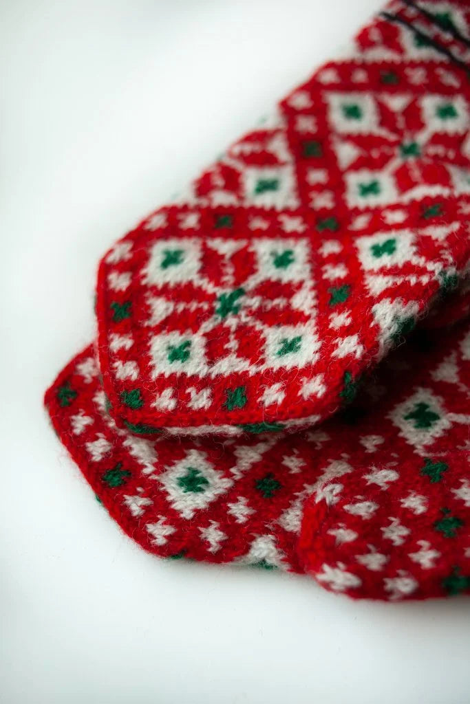 Hand-knitted Woolen Mittens - red/ white/ green