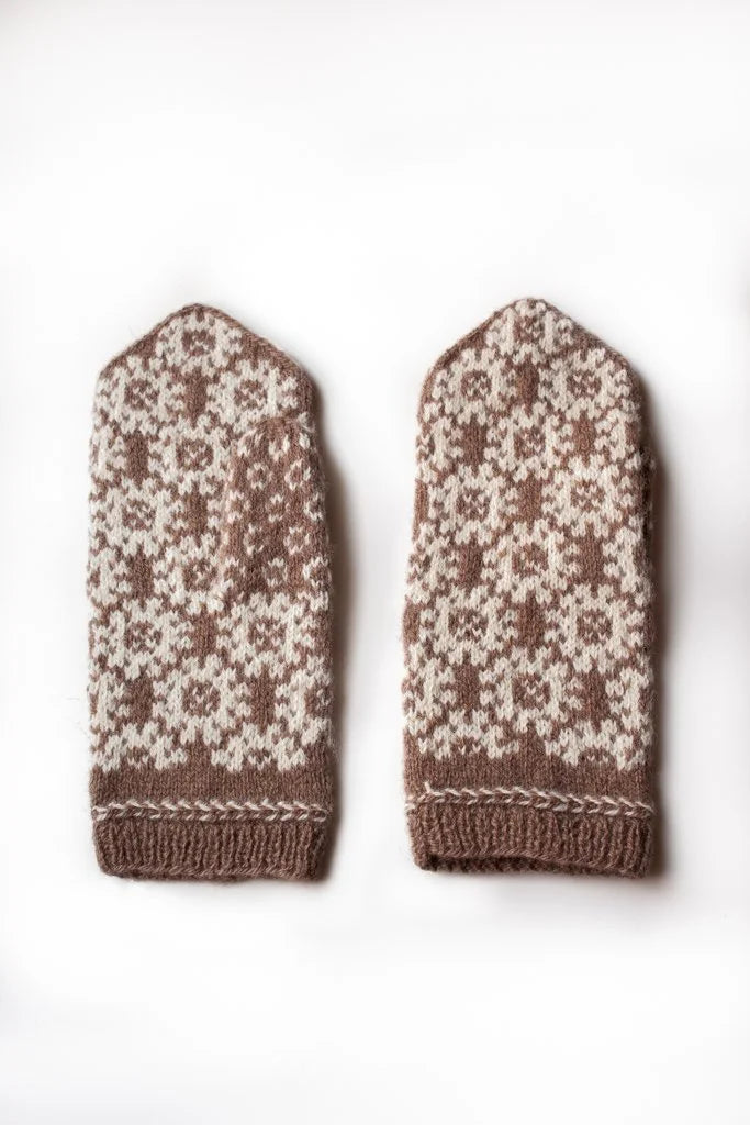 Hand-knitted Woolen Mittens - brown/cream