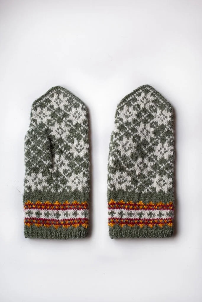 Hand-knitted Woolen Mittens - cream/green