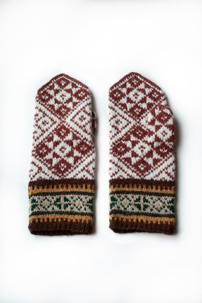 Hand-knitted Woolen Mittens - cream/rust