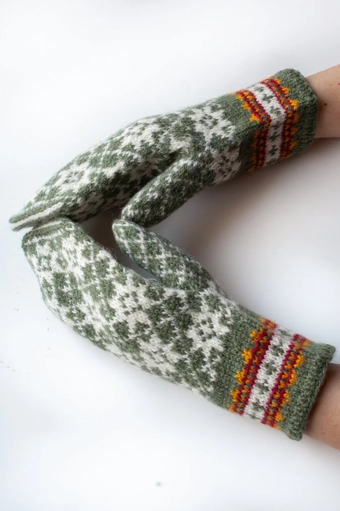 Hand-knitted Woolen Mittens - cream/green