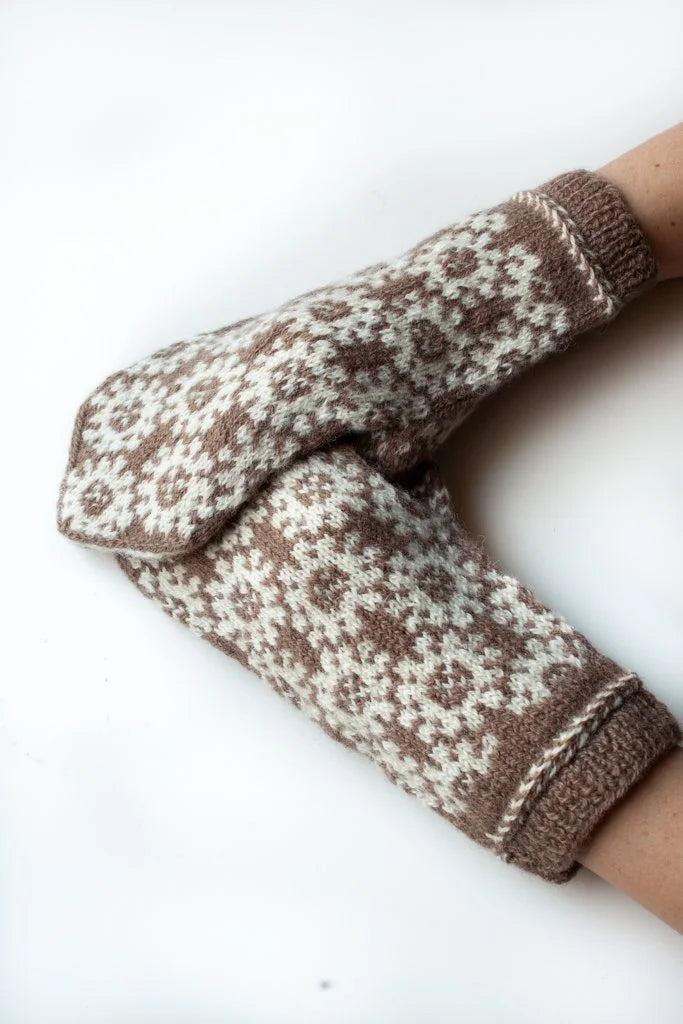 Hand-knitted Woolen Mittens - brown/cream
