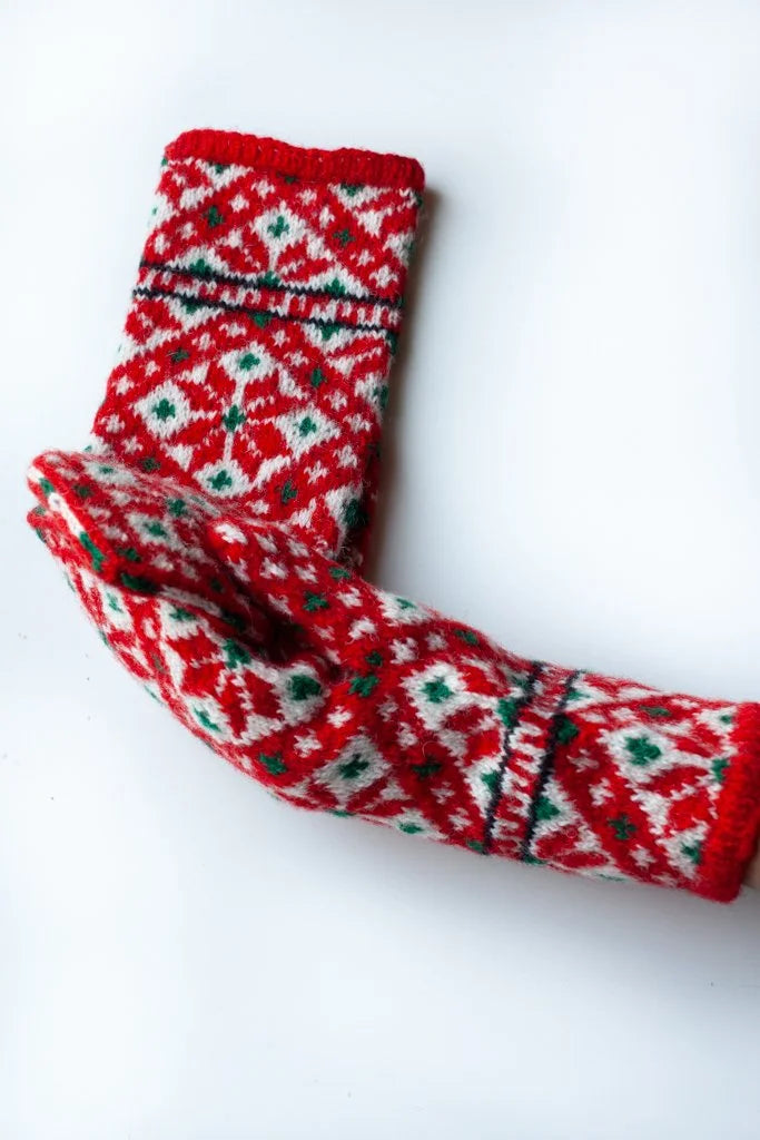Hand-knitted Woolen Mittens - red/ white/ green