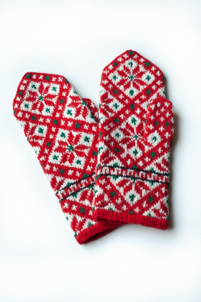 Hand-knitted Woolen Mittens - red/ white/ green