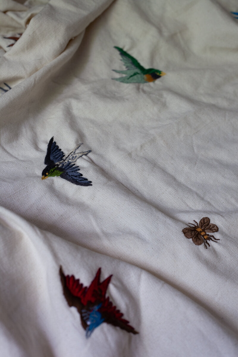 Handwoven undyed Cotton with Embroidered Birds & Bees