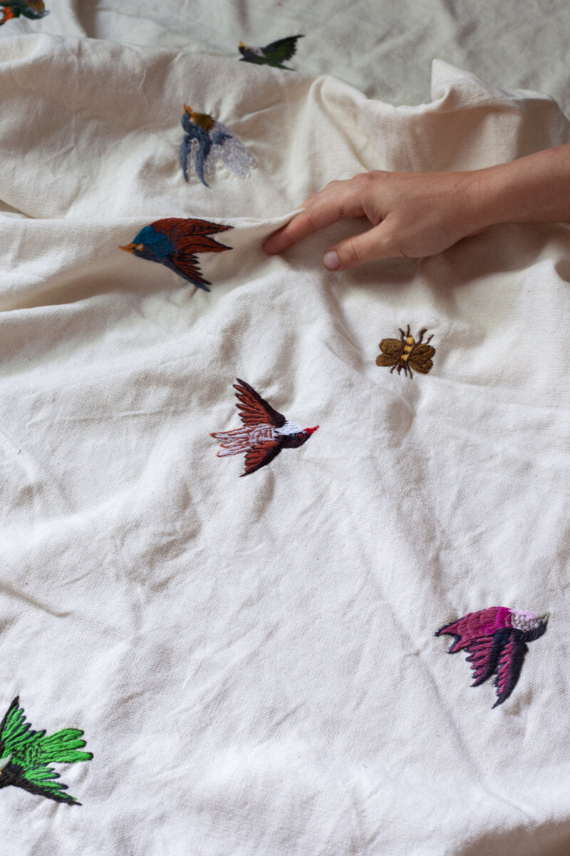 Handwoven undyed Cotton with Embroidered Birds & Bees