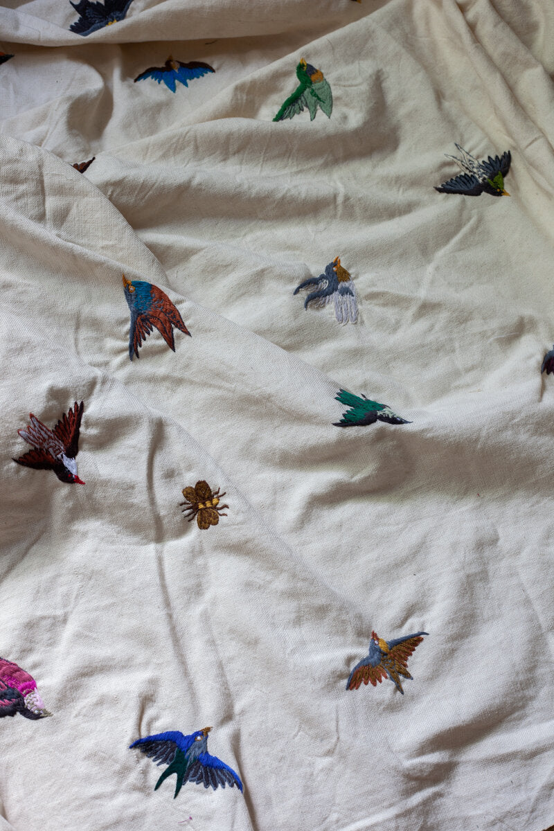 Handwoven undyed Cotton with Embroidered Birds & Bees