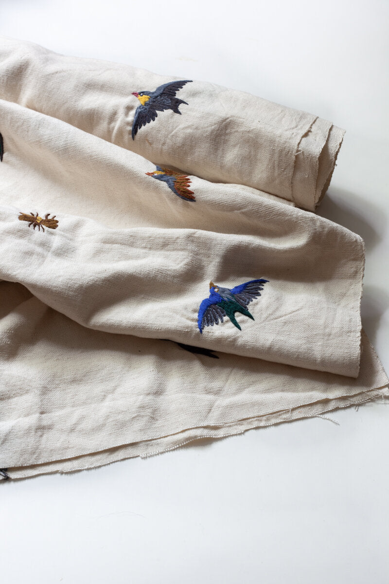 Handwoven undyed Cotton with Embroidered Birds & Bees