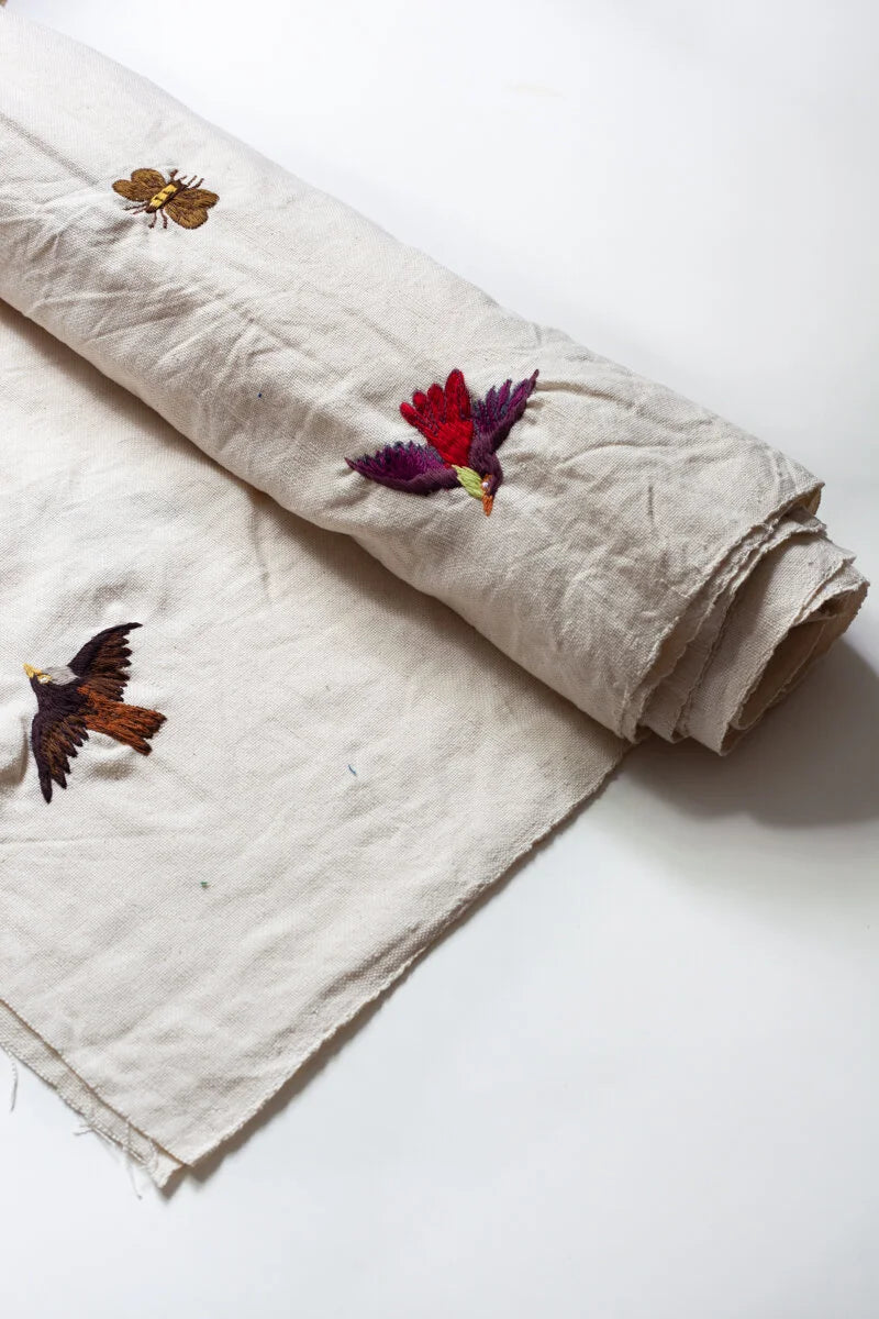 Handwoven undyed Cotton with Embroidered Birds & Bees