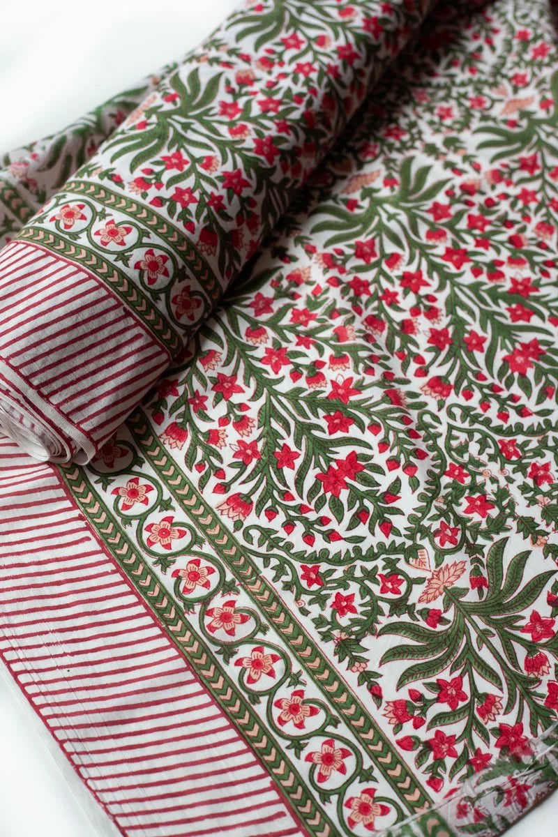 Block Printed Indian Cotton, vegetable + clay dyed- holiday floral