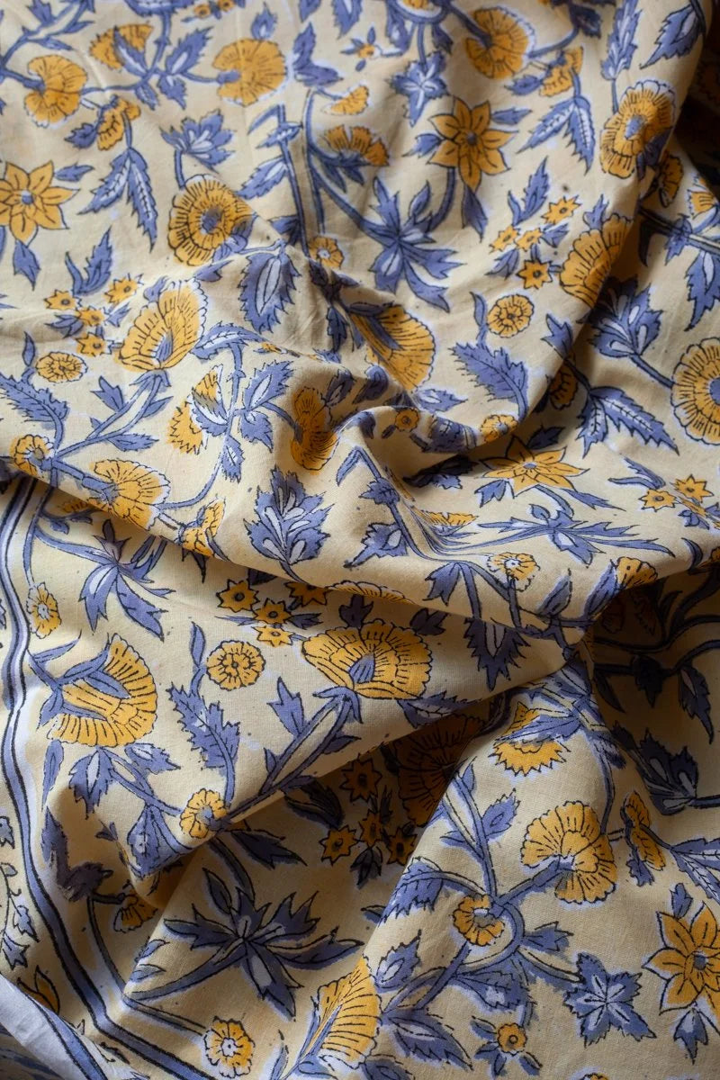 Block Printed Indian Cotton, vegetable + clay dyed- Strawflower