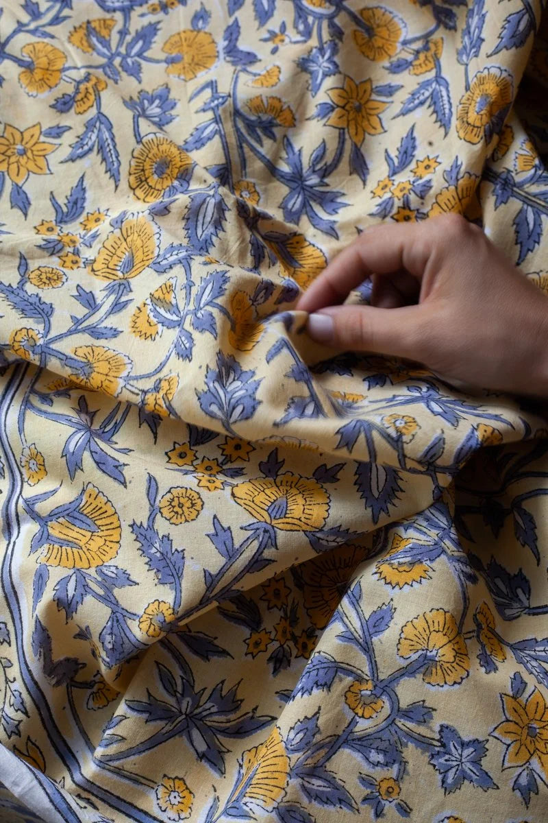 Block Printed Indian Cotton, vegetable + clay dyed- Strawflower
