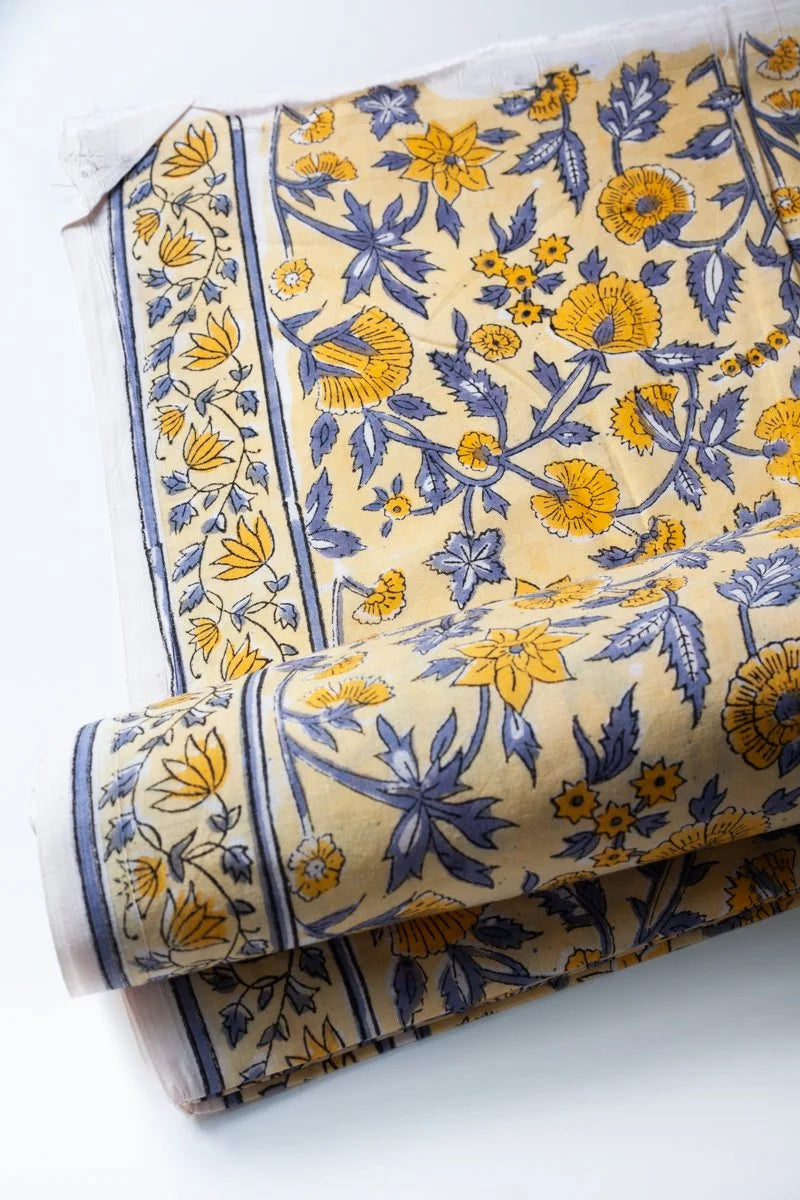 Block Printed Indian Cotton, vegetable + clay dyed- Strawflower