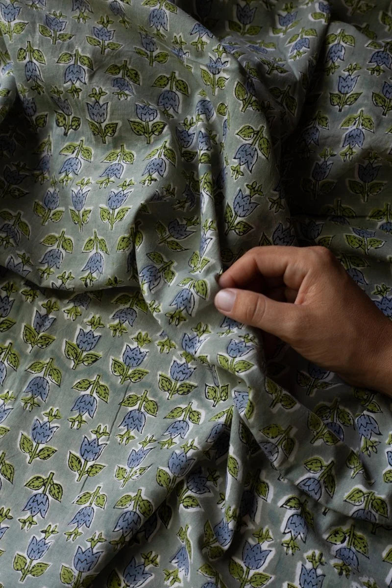 Block Printed Indian Cotton, vegetable + clay dyed- Rainy Tulips