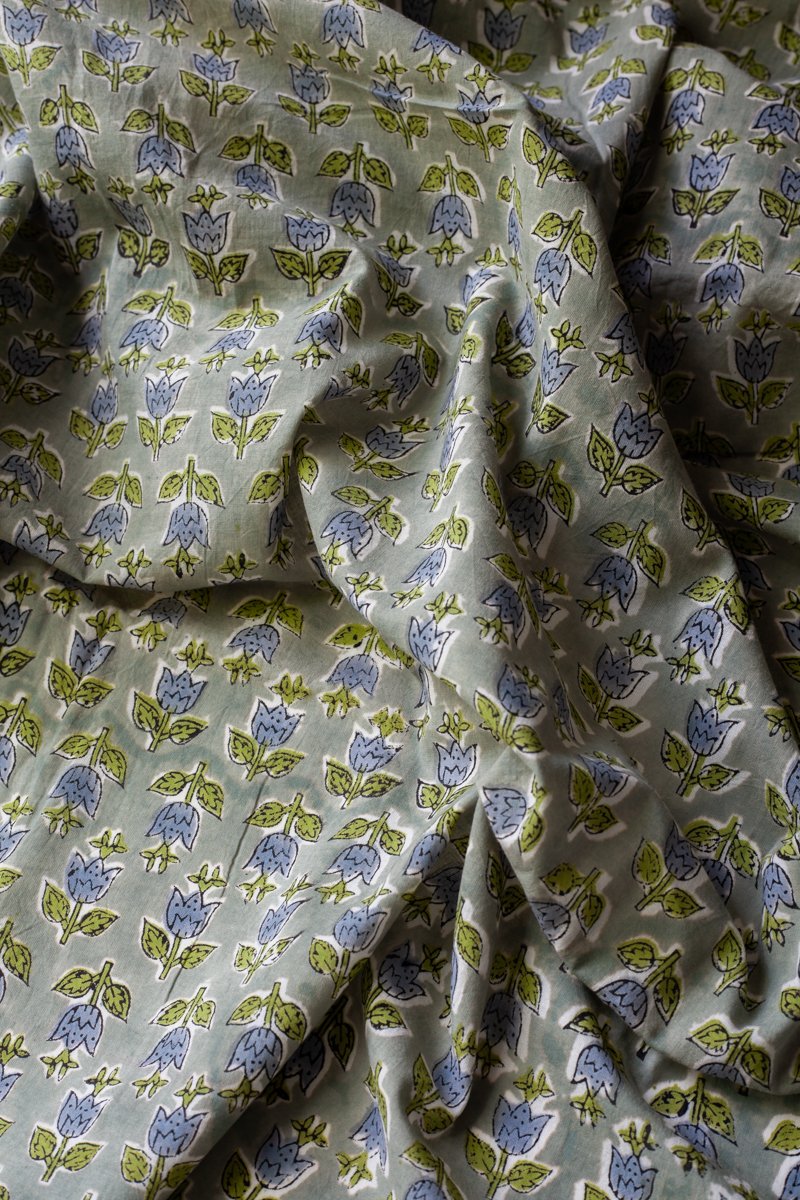 Block Printed Indian Cotton, vegetable + clay dyed- Rainy Tulips