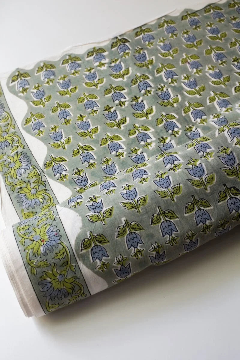 Block Printed Indian Cotton, vegetable + clay dyed- Rainy Tulips