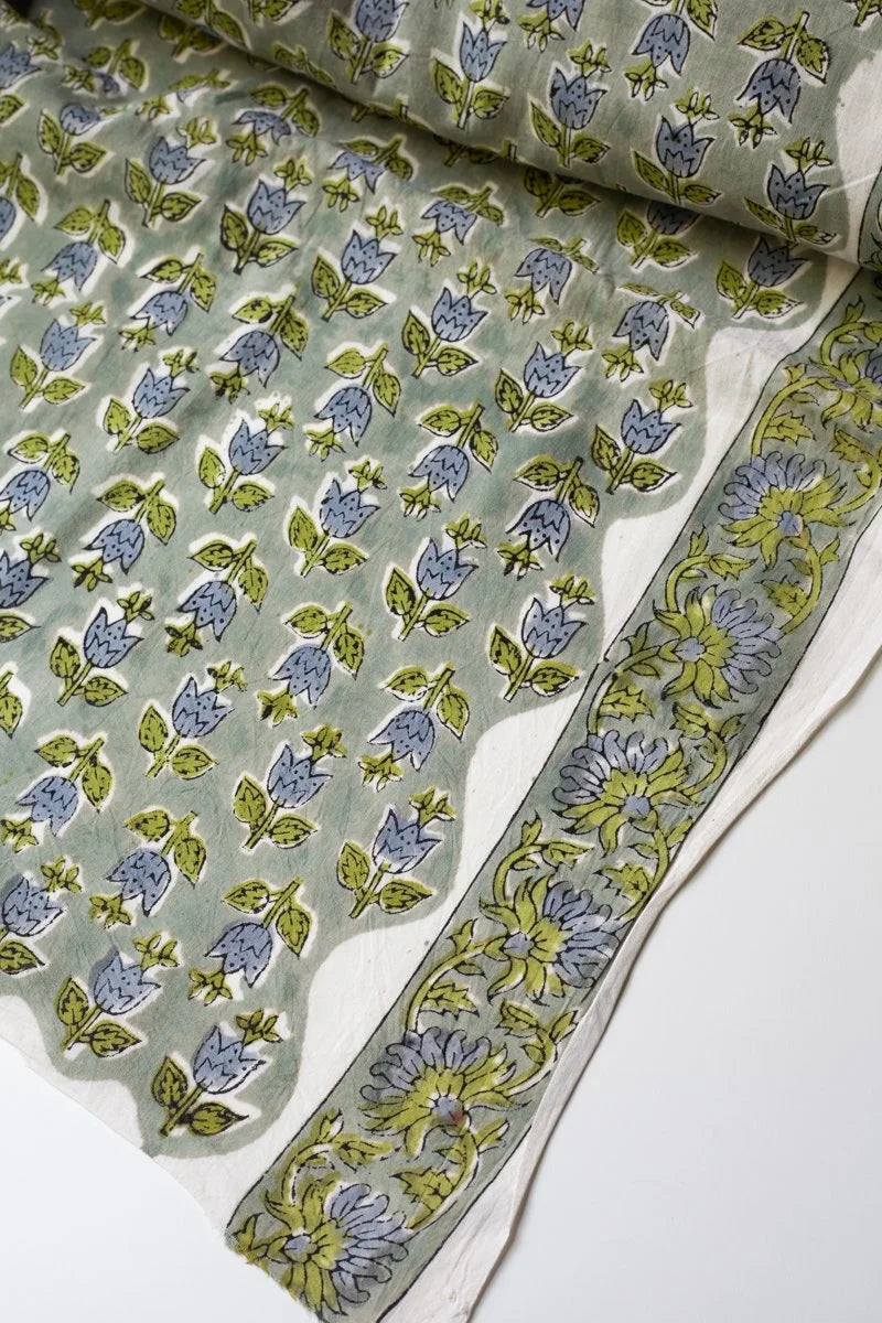 Block Printed Indian Cotton, vegetable + clay dyed- Rainy Tulips