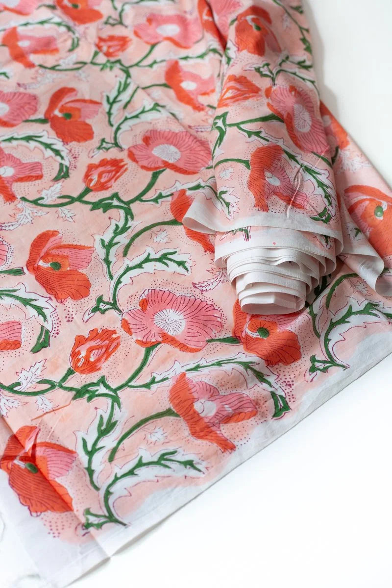 Block Printed Indian Cotton, vegetable + clay dyed- Madder Poppies