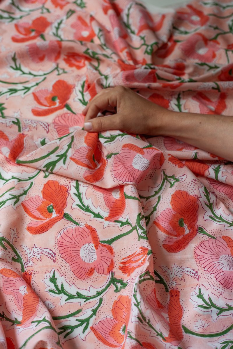 Block Printed Indian Cotton, vegetable + clay dyed- Madder Poppies