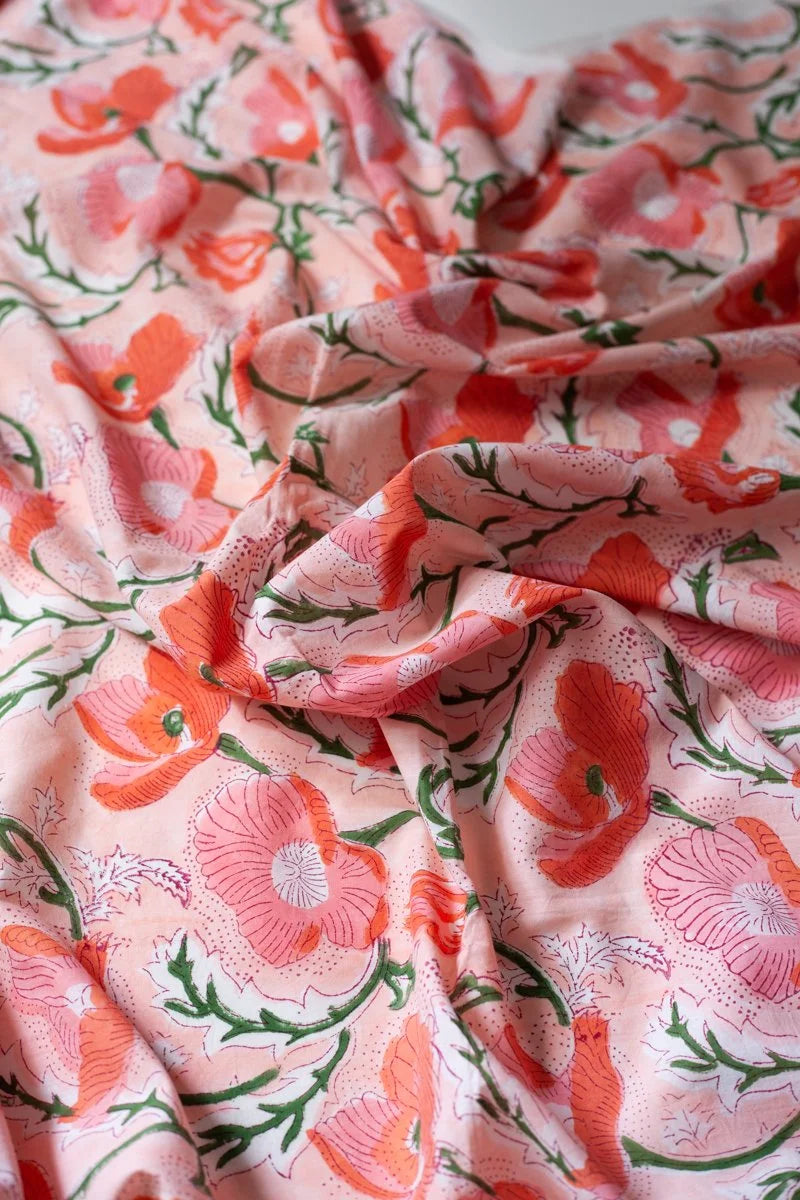 Block Printed Indian Cotton, vegetable + clay dyed- Madder Poppies