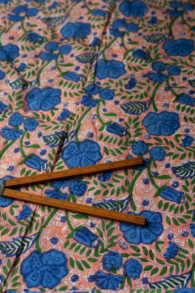 Block Printed Indian Cotton, vegetable + clay dyed- Pink/Blue Floral