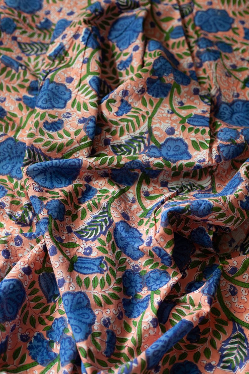 Block Printed Indian Cotton, vegetable + clay dyed- Pink/Blue Floral