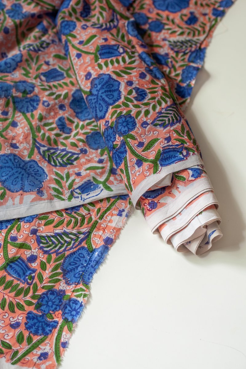 Block Printed Indian Cotton, vegetable + clay dyed- Pink/Blue Floral