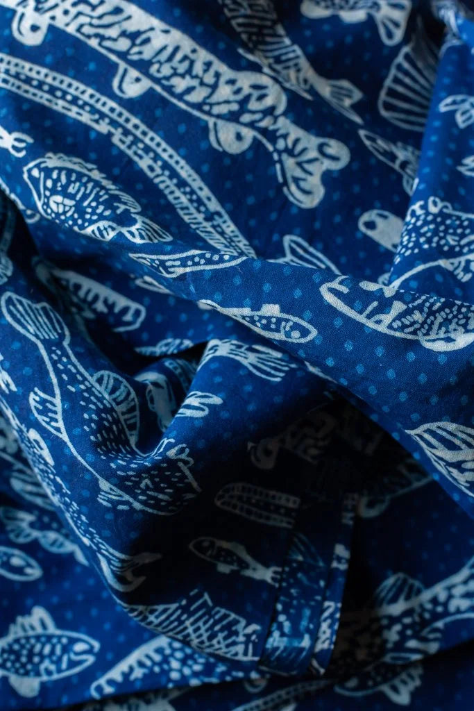 Block Printed Indian Cotton, vegetable + clay dyed- Indigo Aquarium