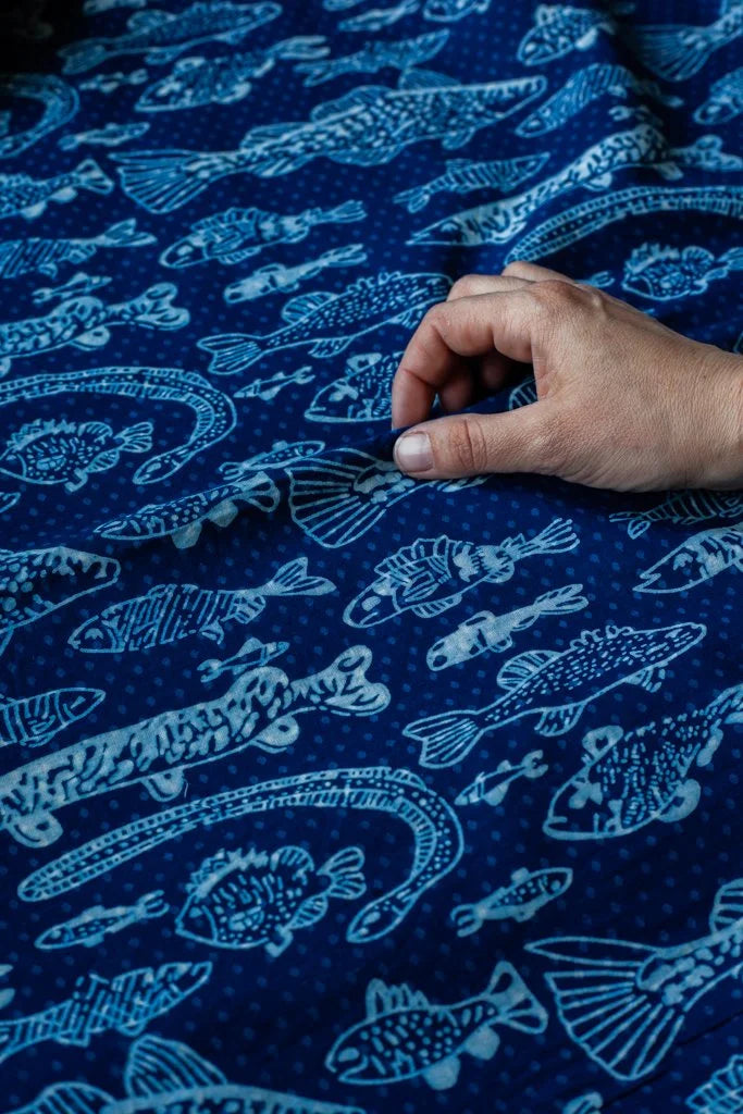 Block Printed Indian Cotton, vegetable + clay dyed- Indigo Aquarium