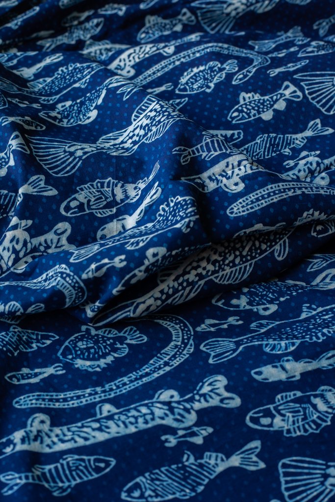 Block Printed Indian Cotton, vegetable + clay dyed- Indigo Aquarium