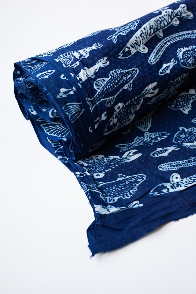 Block Printed Indian Cotton, vegetable + clay dyed- Indigo Aquarium