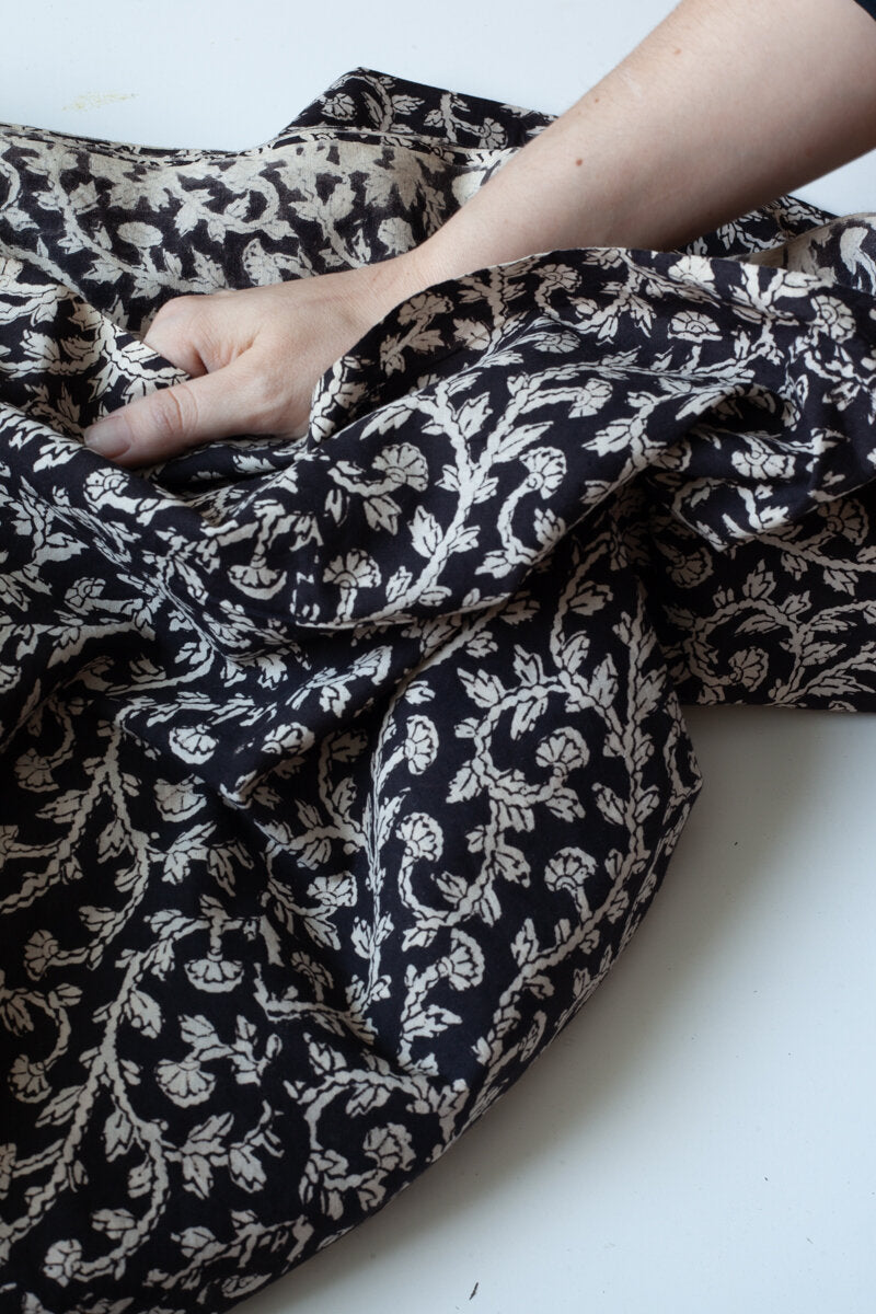 Block Printed Indian Cotton, vegetable + clay dyed- black vine