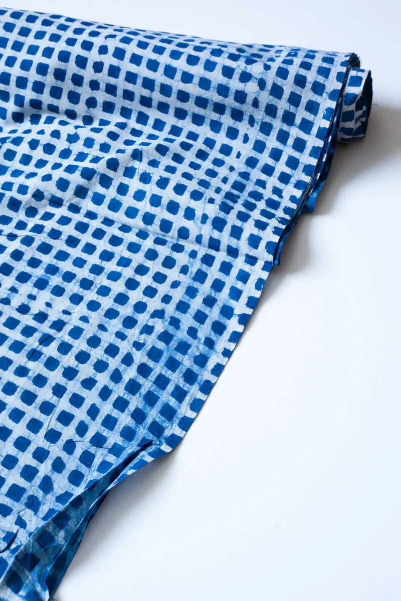 Block Printed Indian Cotton, vegetable + clay dyed- indigo grid