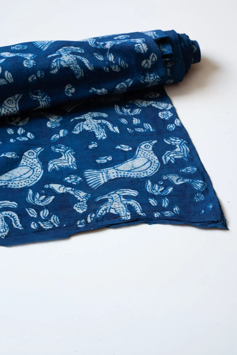 Block Printed Indian Cotton, vegetable + clay dyed- indigo birds
