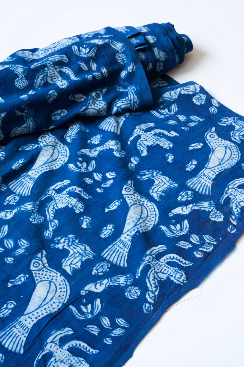 Block Printed Indian Cotton, vegetable + clay dyed- indigo birds