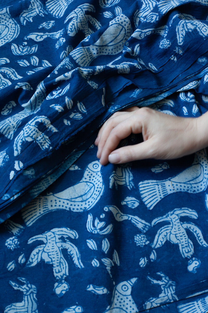 Block Printed Indian Cotton, vegetable + clay dyed- indigo birds