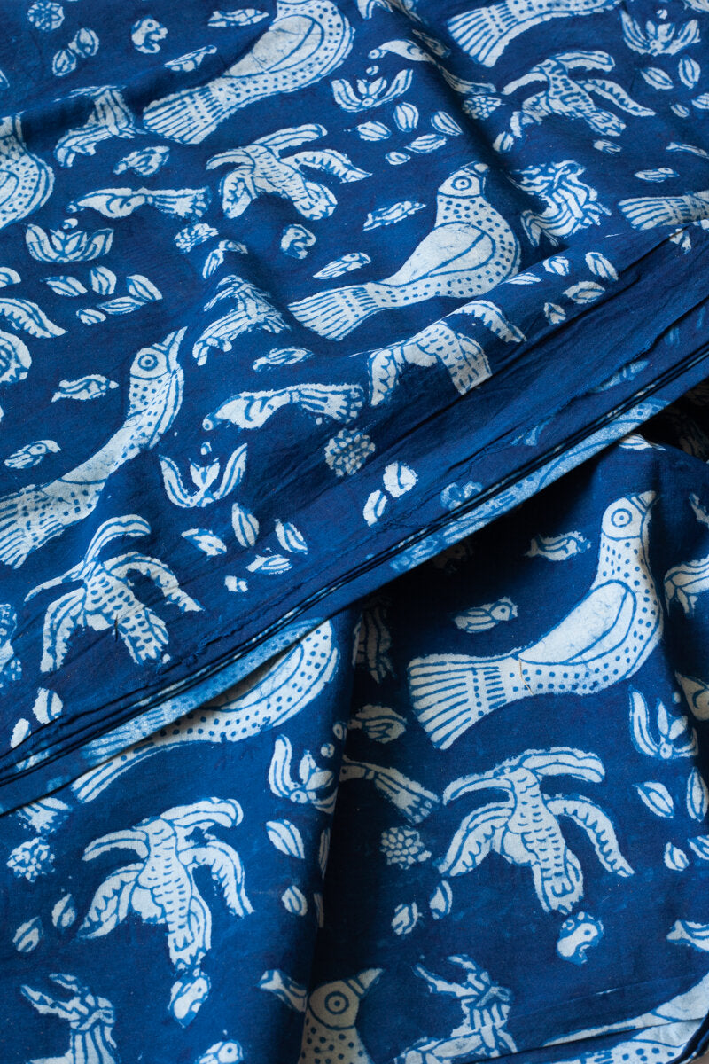 Block Printed Indian Cotton, vegetable + clay dyed- indigo birds