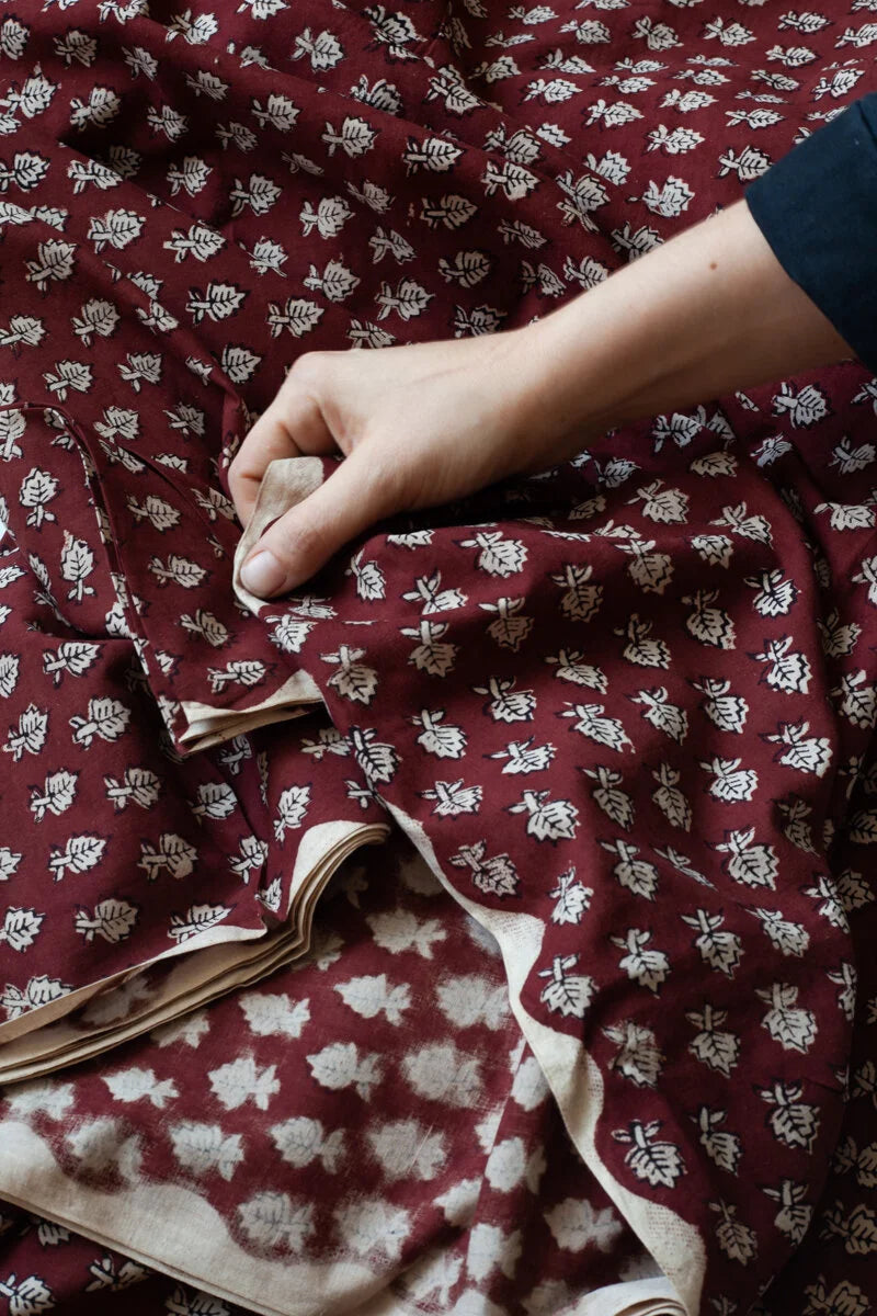 Block Printed Indian Cotton, vegetable + clay dyed- earth leaves