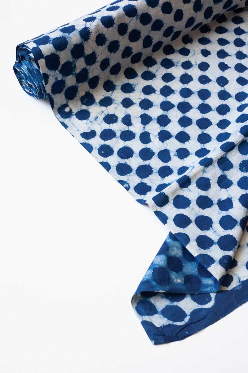 Block Printed Indian Cotton, vegetable + clay dyed- indigo polka dot
