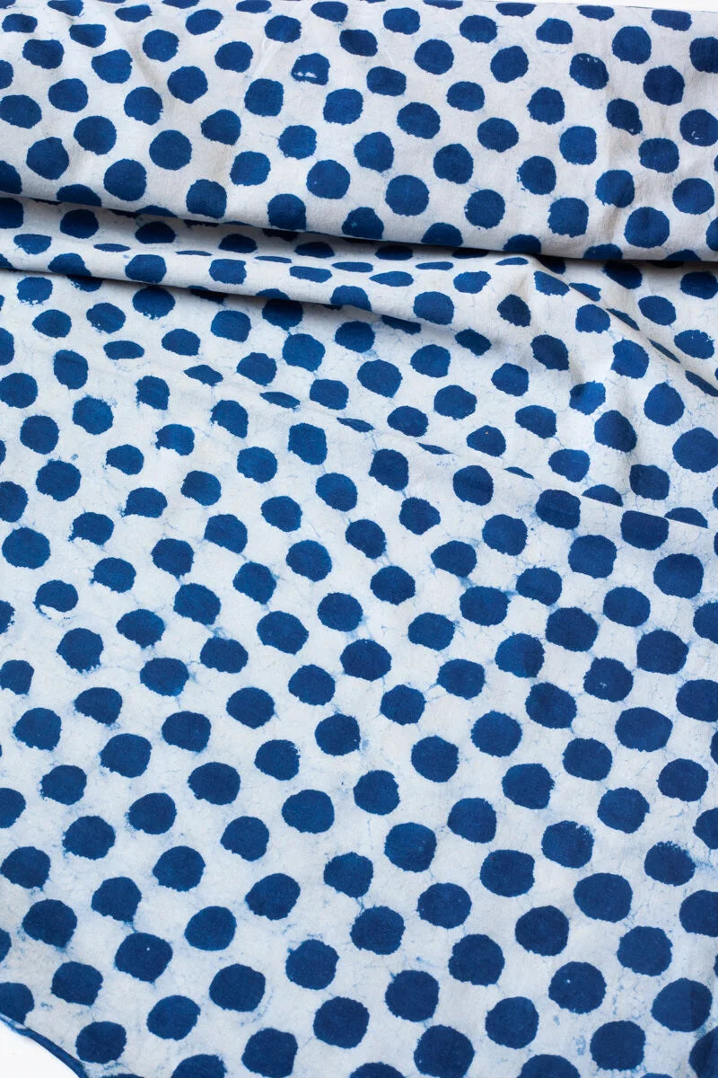 Block Printed Indian Cotton, vegetable + clay dyed- indigo polka dot
