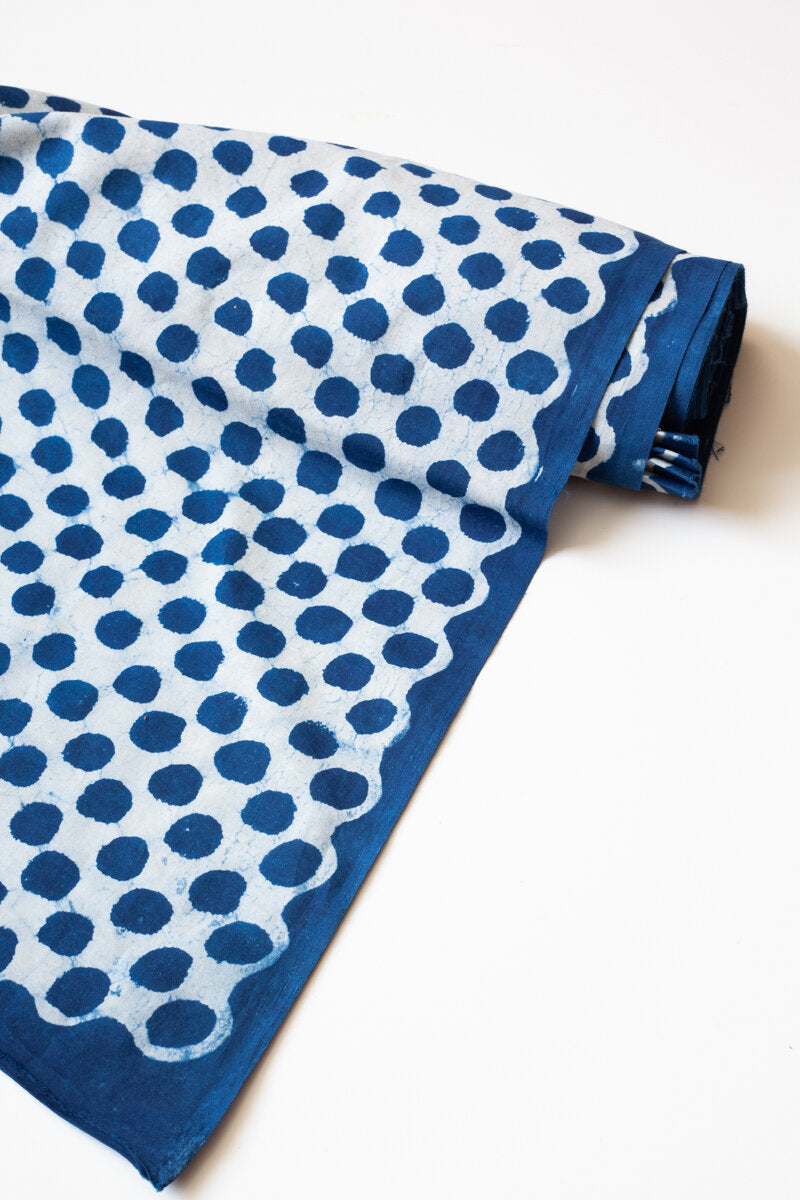Block Printed Indian Cotton, vegetable + clay dyed- indigo polka dot