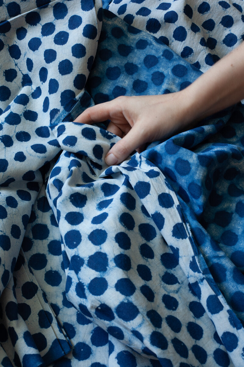 Block Printed Indian Cotton, vegetable + clay dyed- indigo polka dot