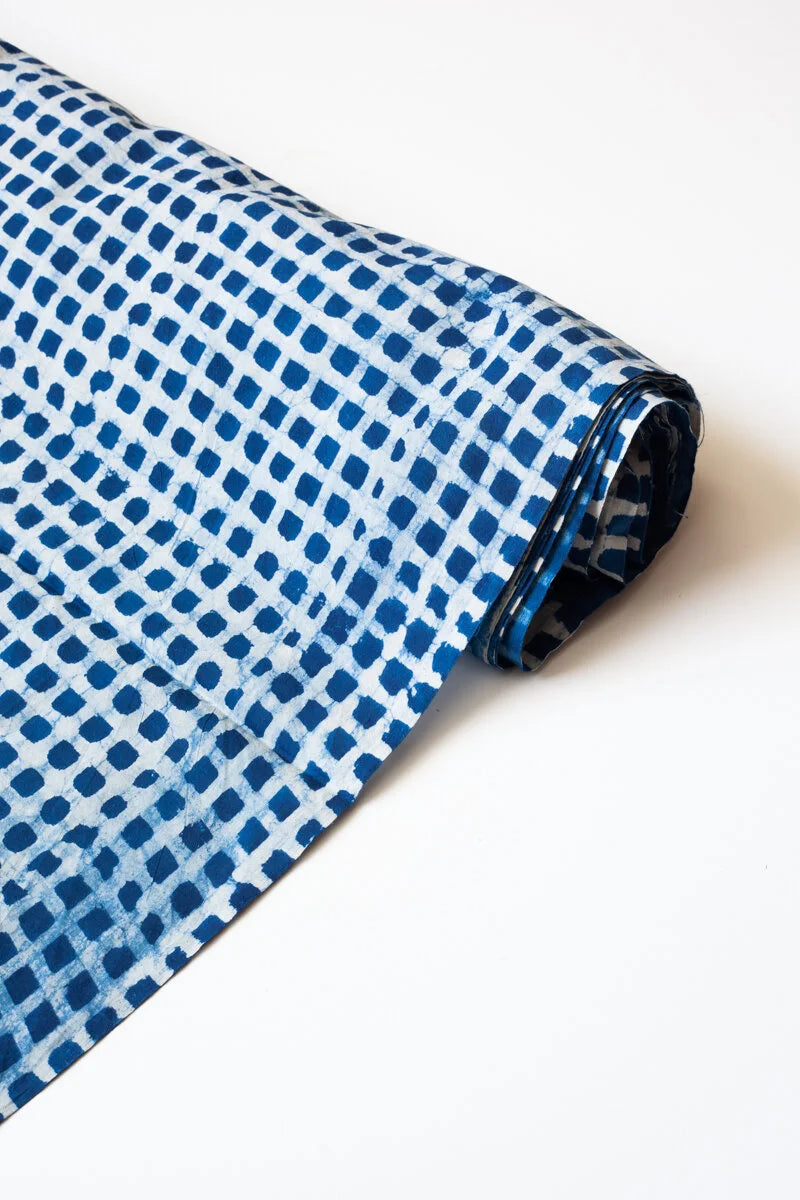 Block Printed Indian Cotton, vegetable + clay dyed- indigo grid
