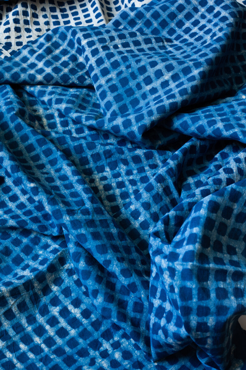 Block Printed Indian Cotton, vegetable + clay dyed- indigo grid