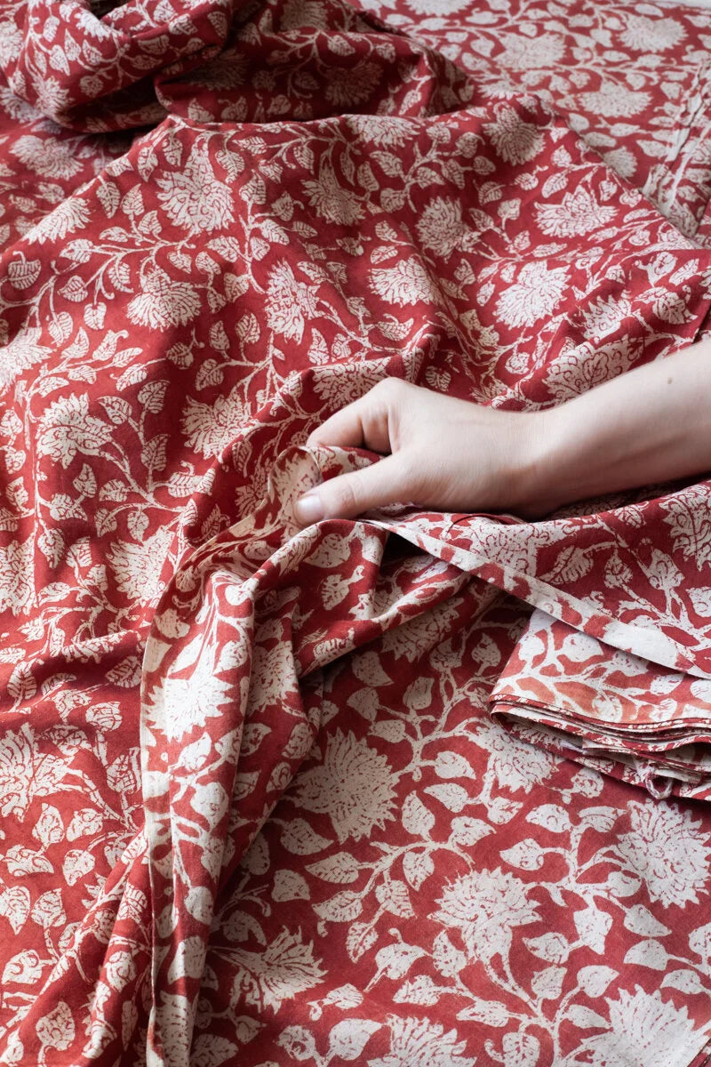 Block Printed Indian Cotton, vegetable + clay dyed- lac flowers