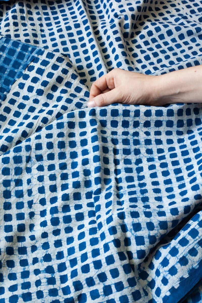 Block Printed Indian Cotton, vegetable + clay dyed- indigo grid